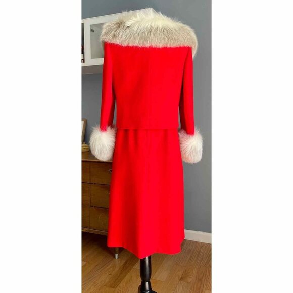 VINTAGE 60's Red Wool Dress & Jacket Suit Huge Fox Fur Trim - Picture 5 of 13